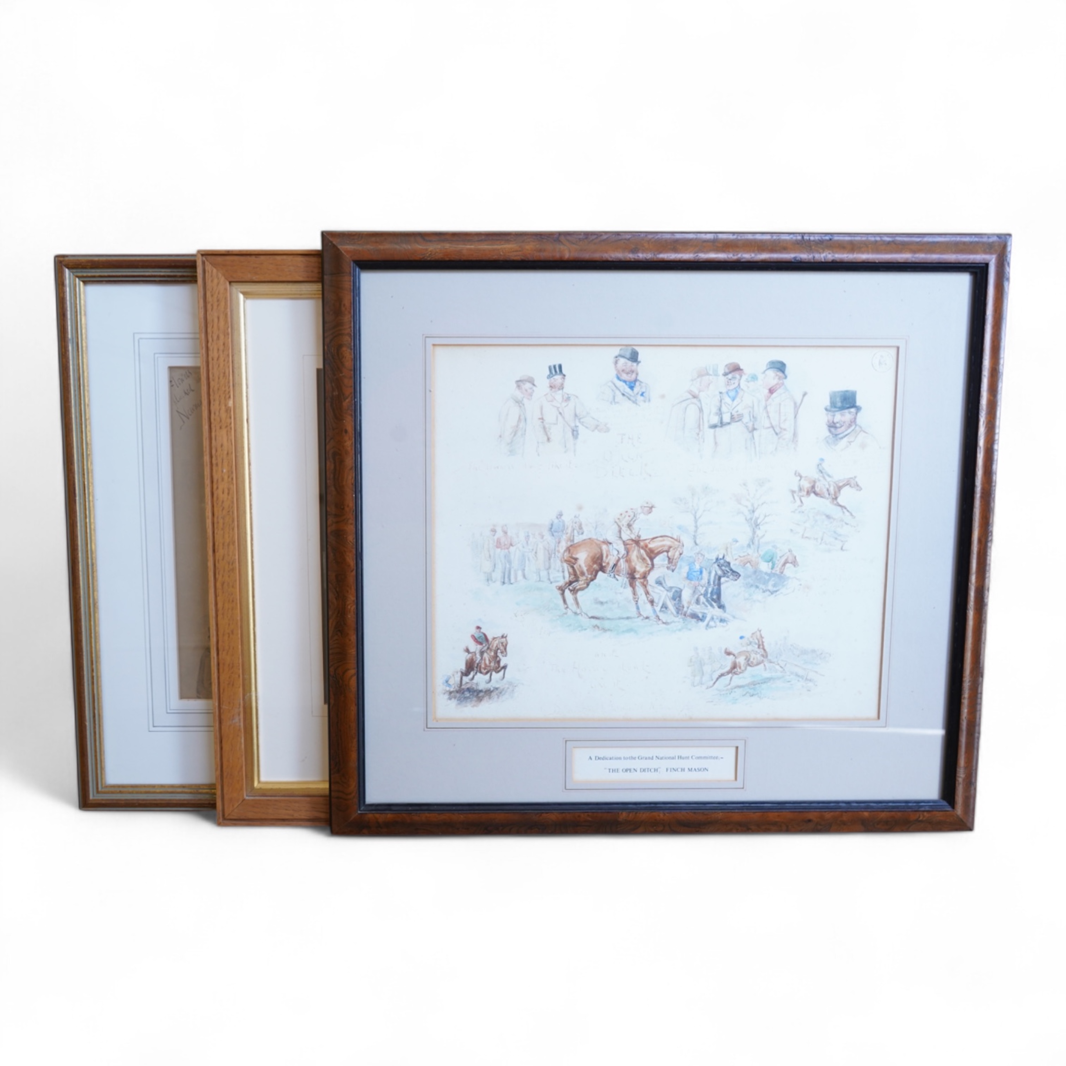 George Finch Mason (1850-1915), ‘Sandown Park, July 27 1888’, ‘The open ditch Grand National Hunt Committee’ and ‘Flowers plucked at Newmarket’, three watercolours, each is signed, largest 30 x 36cm